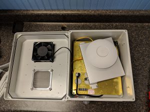 A view of the patchybox open with a fan showing