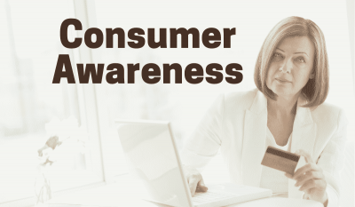 Consumer Awareness Banner - Featuring a woman holding a credit card in front of a laptop