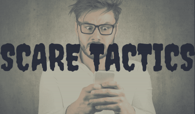 Scare Tactics Banner - Featuring a scared looking man staring at his smartphone