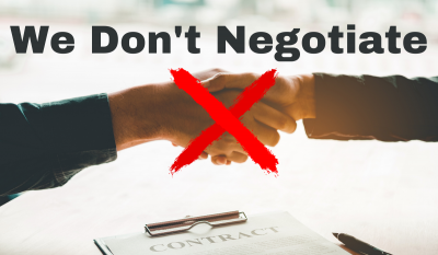 We Don’t Negotiate Banner - Featuring a handshake crossed out with a red X