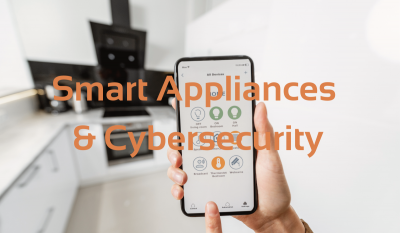 Smart Appliances & Cybersecurity Banner - Featuring hands holding a smartphone in a kitchen
