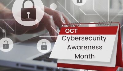 Cybersecurity Awareness Month Banner - featuring a hand typing on a laptop with lock icons around it