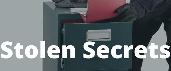 BSN-dec142020 Stolen Secrets Banner featuring a thief taking a red folder from a filing cabinet with a laptop.