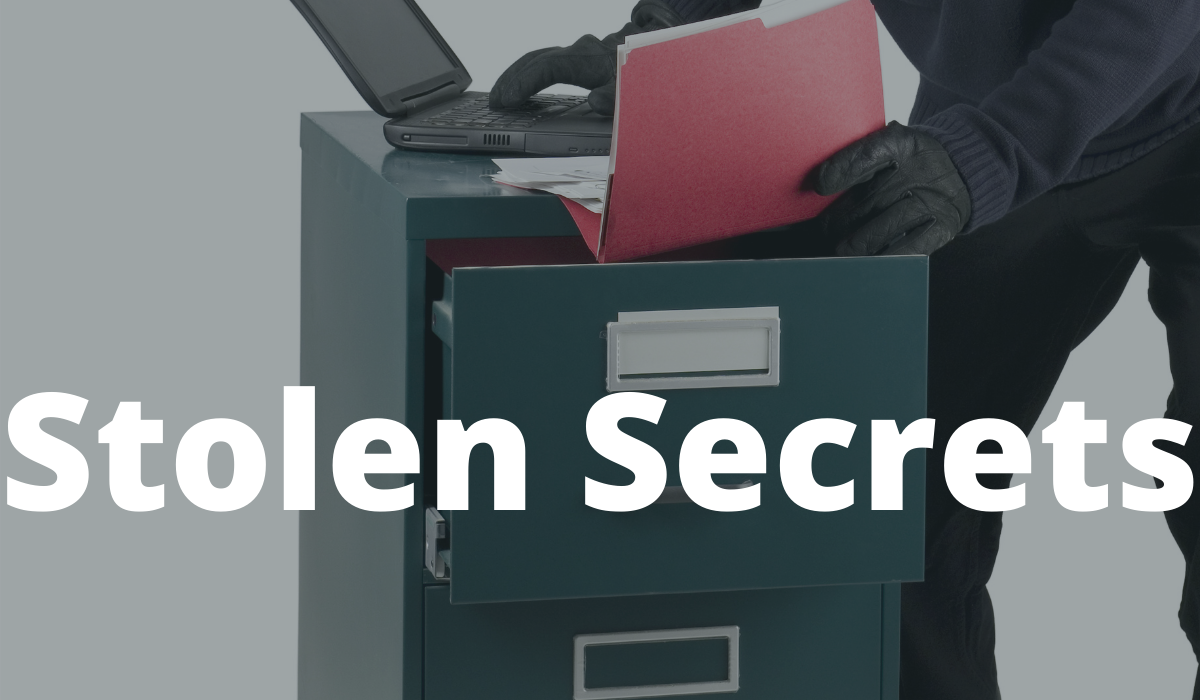 Stolen Secrets Banner featuring a thief taking a red folder from a filing cabinet with a laptop.