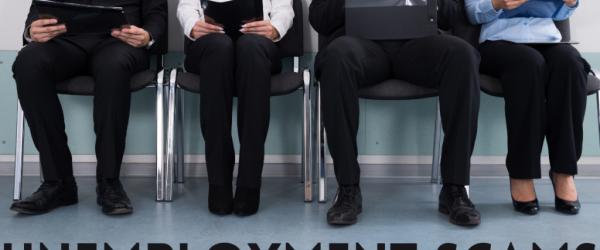BSN-2.15.2021-1024x597 Unemployment Scams Banner - Featuring 4 people sitting at chairs in line for unemployment