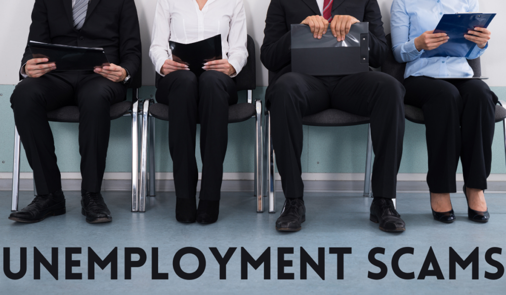 Unemployment Scams Banner - Featuring 4 people sitting at chairs in line for unemployment