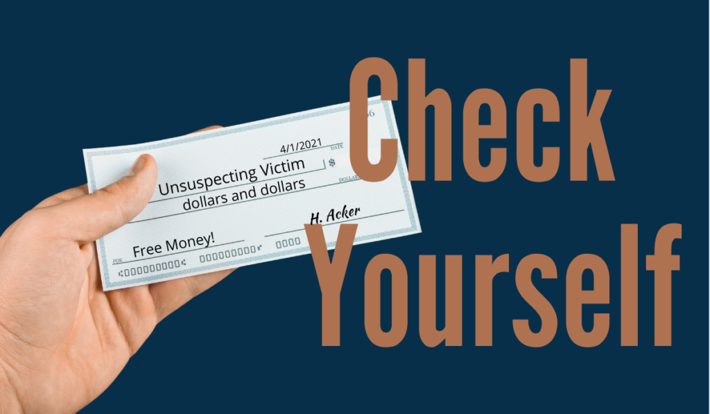Check Yourself Banner - Featuring a hand holding a scam check