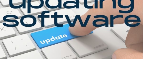Updating Software Banner - Featuring a finger pushing a blue Update button on a keyboard