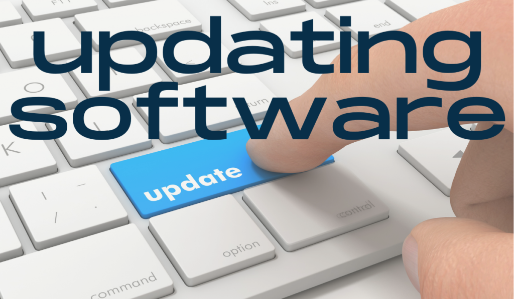 Updating Software Banner - Featuring a finger pushing a blue Update button on a keyboard