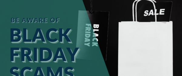 Black Friday Scams Banner - Featuring a gift bag with a sale tag