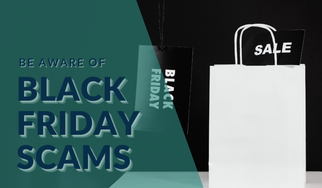 Black Friday Scams Banner - Featuring a gift bag with a sale tag