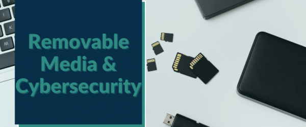 Removable Media & Cybersecurity Banner - Featuring USB drives and SD cards next to a laptop