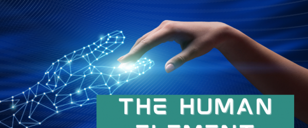 Human Element of Cybersecurity Banner - Featuring a human hand touching a digital hand
