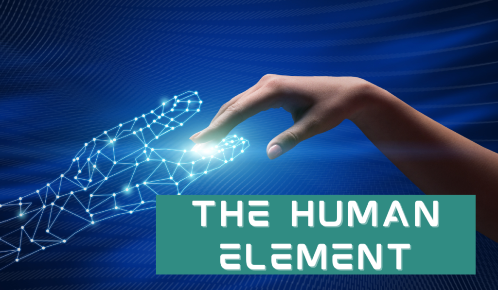 Human Element of Cybersecurity Banner - Featuring a human hand touching a digital hand