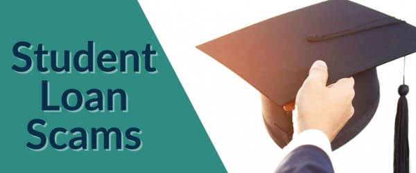 Student Loan Scams Banner - Featuring a hand holding a graduation cap