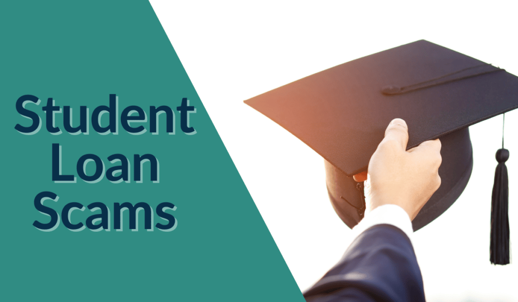 Student Loan Scams Banner - Featuring a hand holding a graduation cap