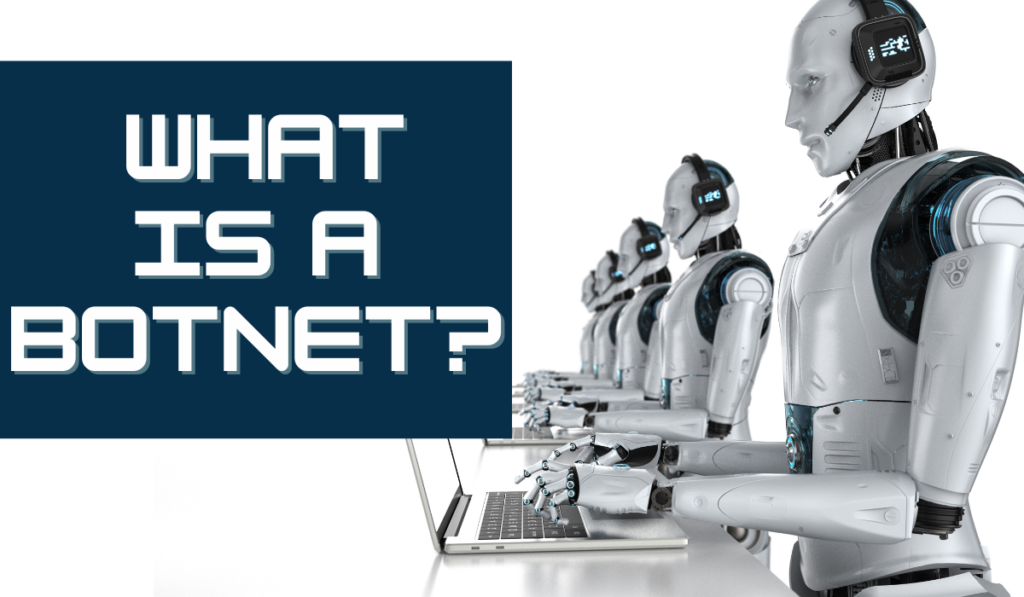 What Is a Botnet? Banner - Featuring a row of robots working on laptops