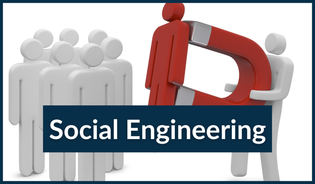 Social Engineering Banner showing a group of people icons and one holding a magnet to lift another.