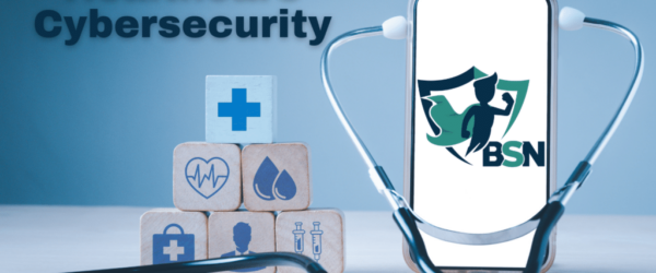 The words "Healthcare Cybersecurity" next to a smartphone with a stethoscope.