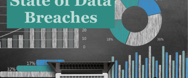 The words "State of Data Breaches" over a laptop and charts.