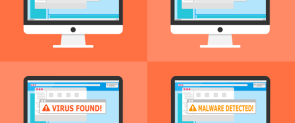 Four computer screens each displaying different cyber security threats.