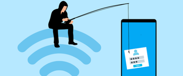 Man sitting on a WiFi symbol "phishing" for data.