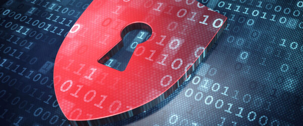 A red shield with a keyhole sits against a digital background made of ones and zeros.
