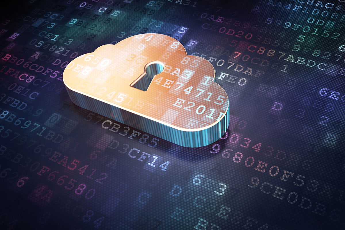 A golden cloud with a keyhole sits against a digital background with binary code.
