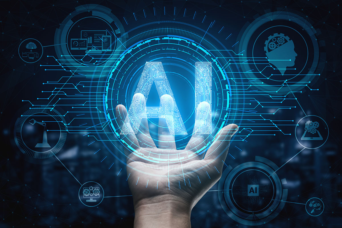 A hand reaching out towards large, glowing letters "AI" surrounded by digital circuits and icons representing artificial intelligence concepts.