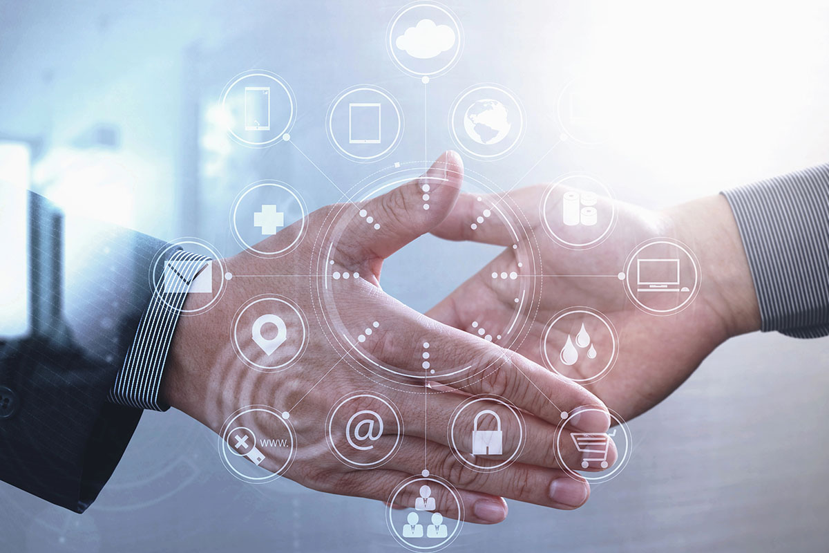 Two hands coming together in a handshake, surrounded by floating icons representing technology, communication, and various digital services, with a soft, blurred background.