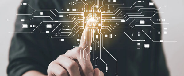 IT Automation A person in a dark shirt touches a glowing circuit board with lines connecting various electronic components, featuring an icon of a brain labeled "AI Technology" at the center.
