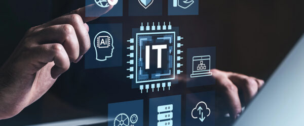 IT Services Concept A person's hand interacting with a digital interface displaying various icons related to IT topics like AI, security, and data management, overlaid on a laptop.