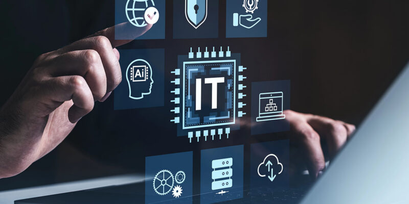 A person's hand interacting with a digital interface displaying various icons related to IT topics like AI, security, and data management, overlaid on a laptop.