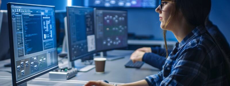 A woman using AI to improve cybersecurity on a client's network.