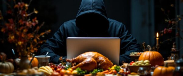 A hooded hacker working on a laptop while surrounded by a Thanksgiving spread.