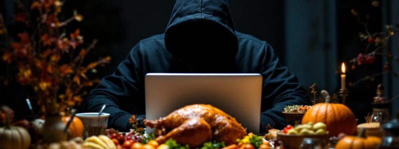 A hooded hacker working on a laptop while surrounded by a Thanksgiving spread.