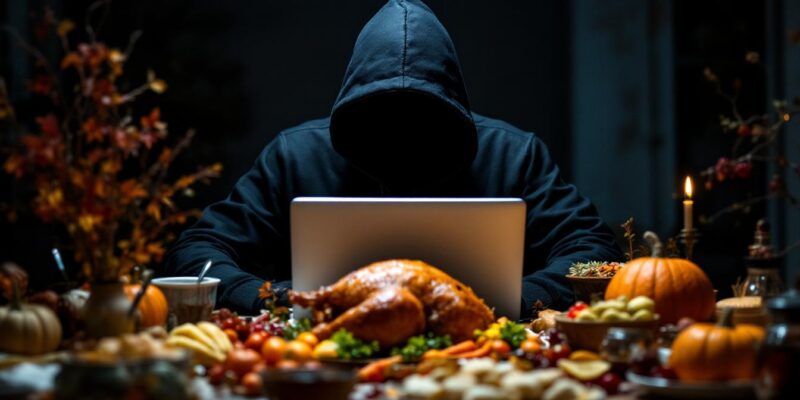 A hooded hacker working on a laptop while surrounded by a Thanksgiving spread.