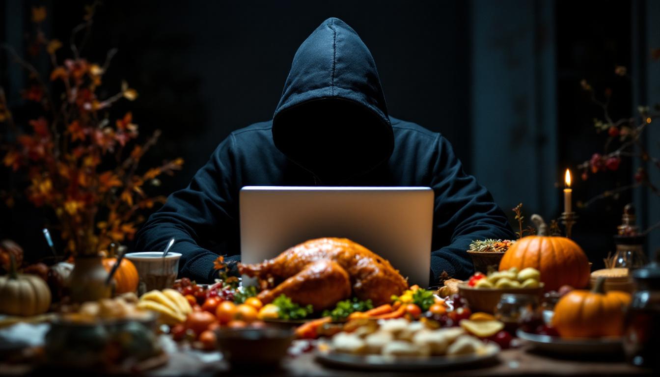 A hooded hacker working on a laptop while surrounded by a Thanksgiving spread.