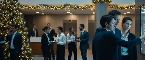 A group of cybersecurity experts gathered in a lobby for a Christmas party.
