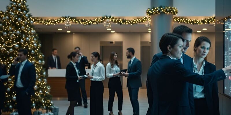 A group of cybersecurity experts gathered in a lobby for a Christmas party.
