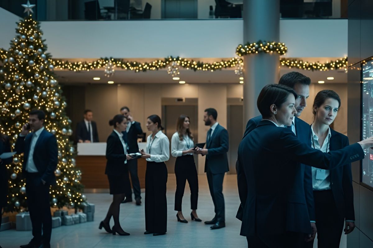 A group of cybersecurity experts gathered in a lobby for a Christmas party.