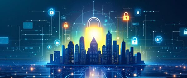 A silhouette of a city protected by municipality IT & cybersecurity services.