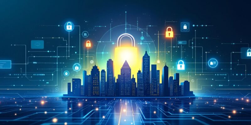 A silhouette of a city protected by municipality IT & cybersecurity services.