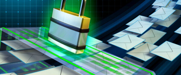 A digital representation of a padlock placed on a transparent surface, surrounded by floating email icons, symbolizing email security and data protection.
