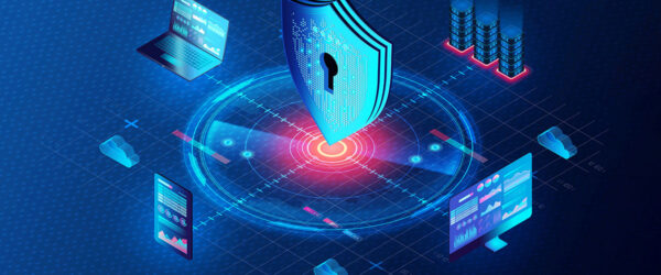 An abstract digital representation of cybersecurity, featuring a large shield with a keyhole at the center, surrounded by devices like a laptop, smartphone, and cloud icons, all interconnected with glowing lines and graphical data displays on a dark blue background.