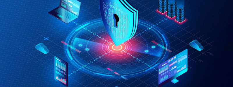 An abstract digital representation of cybersecurity, featuring a large shield with a keyhole at the center, surrounded by devices like a laptop, smartphone, and cloud icons, all interconnected with glowing lines and graphical data displays on a dark blue background.