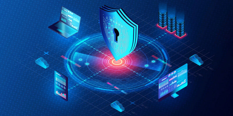 An abstract digital representation of cybersecurity, featuring a large shield with a keyhole at the center, surrounded by devices like a laptop, smartphone, and cloud icons, all interconnected with glowing lines and graphical data displays on a dark blue background.
