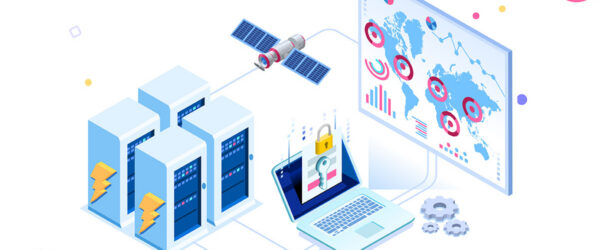 An illustration depicting a networked system featuring several data servers, a laptop displaying a secure access screen, a satellite, and a large monitor with global maps and various data visualizations.