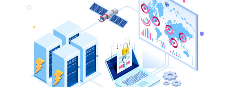 An illustration depicting a networked system featuring several data servers, a laptop displaying a secure access screen, a satellite, and a large monitor with global maps and various data visualizations.