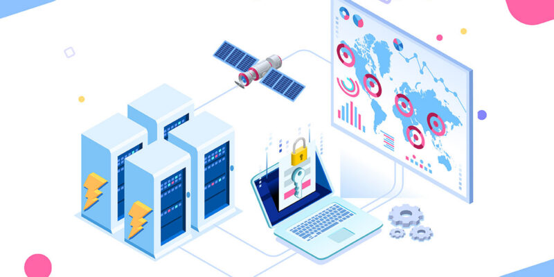 An illustration depicting a networked system featuring several data servers, a laptop displaying a secure access screen, a satellite, and a large monitor with global maps and various data visualizations.